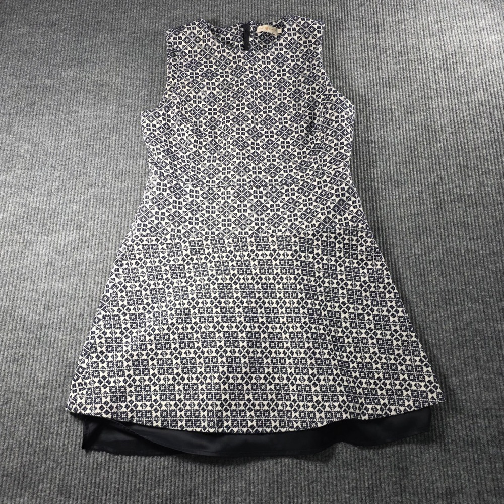 Tory Burch Navy Cream Geometric Jacquard Sleeveless A-Line Dress‎ Size 14